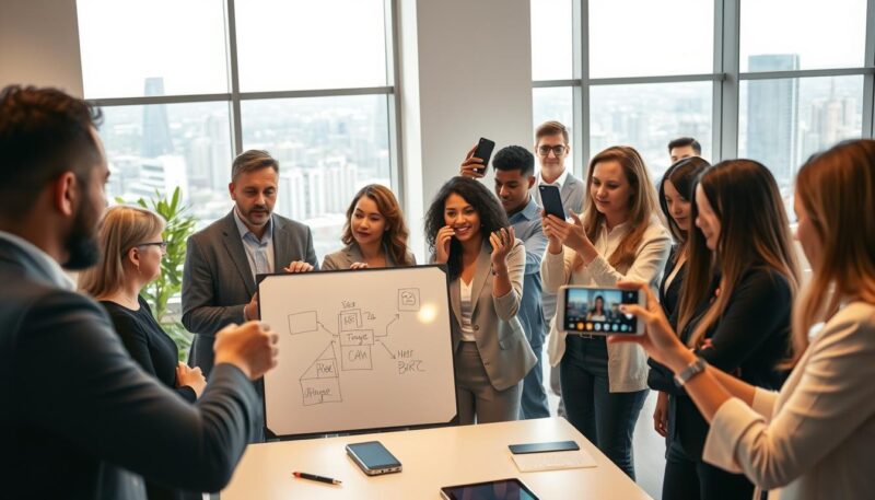 A bustling real estate office in a modern, minimalist style. The foreground features a group of agents collaborating on a digital whiteboard, their faces focused as they brainstorm ideas. In the middle ground, a diverse team of realtors film short-form video content on their smartphones, capturing the energy and excitement of their work. The background showcases sleek, high-tech equipment and a panoramic city view through large windows, hinting at the digital tools powering the modern real estate industry. Soft, warm lighting illuminates the scene, creating an atmosphere of productivity and innovation.