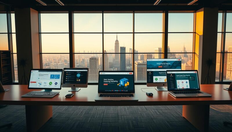 A high-quality, wide-angle photograph showcasing a side-by-side comparison of the Hostinger web hosting platform against its key competitors. The scene is set in a modern office space, with a large desk in the foreground displaying various web hosting dashboards and control panels. The middle ground features sleek, minimalist laptop computers displaying the competitors' websites, while the background depicts a cityscape view through large, floor-to-ceiling windows, bathed in warm, natural lighting. The overall atmosphere conveys a sense of professionalism, technological prowess, and a nuanced understanding of the web hosting market. A high-quality, wide-angle photograph showcasing a side-by-side comparison of the Hostinger web hosting platform against its key competitors. The scene is set in a modern office space, with a large desk in the foreground displaying various web hosting dashboards and control panels. The middle ground features sleek, minimalist laptop computers displaying the competitors' websites, while the background depicts a cityscape view through large, floor-to-ceiling windows, bathed in warm, natural lighting. The overall atmosphere conveys a sense of professionalism, technological prowess, and a nuanced understanding of the web hosting market.