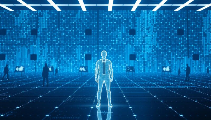 A highly detailed digital landscape of a corporate environment, with a pulsing, luminescent grid in the background representing the interconnected web of data and communication. In the foreground, a glowing holographic silhouette of a person stands, symbolizing the individual's digital presence and interaction with this virtual realm. The scene is bathed in a cool, futuristic lighting, with subtle hints of blues and grays, evoking a sense of technological sophistication. The composition is both striking and minimalist, drawing the viewer's focus to the central figure and the underlying digital infrastructure. The overall mood is one of technological advancement, personal connection, and the blurring of physical and virtual worlds. A highly detailed digital landscape of a corporate environment, with a pulsing, luminescent grid in the background representing the interconnected web of data and communication. In the foreground, a glowing holographic silhouette of a person stands, symbolizing the individual's digital presence and interaction with this virtual realm. The scene is bathed in a cool, futuristic lighting, with subtle hints of blues and grays, evoking a sense of technological sophistication. The composition is both striking and minimalist, drawing the viewer's focus to the central figure and the underlying digital infrastructure. The overall mood is one of technological advancement, personal connection, and the blurring of physical and virtual worlds.