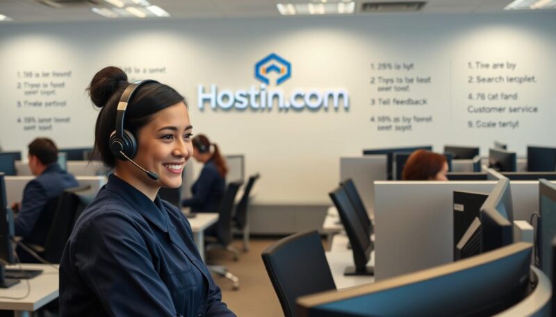 A modern, well-lit customer service call center at Hosting.com's headquarters. In the foreground, a friendly support agent in a crisp, navy blue uniform assists a client on a high-quality headset, their face conveying a warm, attentive expression. In the middle ground, rows of cubicles with sleek, ergonomic workstations and multiple monitors, where other agents diligently address customer inquiries. The background features the company's logo prominently displayed on the wall, alongside motivational quotes and feedback metrics, creating an atmosphere of professionalism and dedication to exceptional customer service. Soft, indirect lighting and a muted color palette evoke a sense of calm efficiency. A modern, well-lit customer service call center at Hosting.com's headquarters. In the foreground, a friendly support agent in a crisp, navy blue uniform assists a client on a high-quality headset, their face conveying a warm, attentive expression. In the middle ground, rows of cubicles with sleek, ergonomic workstations and multiple monitors, where other agents diligently address customer inquiries. The background features the company's logo prominently displayed on the wall, alongside motivational quotes and feedback metrics, creating an atmosphere of professionalism and dedication to exceptional customer service. Soft, indirect lighting and a muted color palette evoke a sense of calm efficiency.