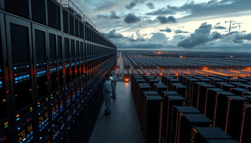 A sprawling, modern data center campus of Hosting.com, bathed in a warm glow of indirect lighting. The foreground features rows of sleek server racks, their blinking status lights creating a mesmerizing visual rhythm. In the middle ground, technicians in clean-room attire monitor the systems, their faces illuminated by the soft blue glow of holographic control panels. The background reveals a panoramic view of the facility, with rows of satellite dishes and cooling towers stretching towards the horizon under a dramatic, cloud-streaked sky. The scene conveys a sense of technological sophistication, efficiency, and global connectivity. A sprawling, modern data center campus of Hosting.com, bathed in a warm glow of indirect lighting. The foreground features rows of sleek server racks, their blinking status lights creating a mesmerizing visual rhythm. In the middle ground, technicians in clean-room attire monitor the systems, their faces illuminated by the soft blue glow of holographic control panels. The background reveals a panoramic view of the facility, with rows of satellite dishes and cooling towers stretching towards the horizon under a dramatic, cloud-streaked sky. The scene conveys a sense of technological sophistication, efficiency, and global connectivity.