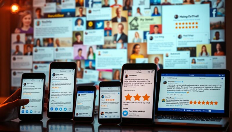 A vibrant social media feed filled with glowing online reviews and customer testimonials, displayed on a variety of digital devices. The foreground showcases smartphones, tablets, and laptop screens with positive feedback and 5-star ratings, while the background features a collage of social media platforms and review sites. Warm, natural lighting illuminates the scene, creating a sense of credibility and trust. The overall atmosphere conveys the power of leveraging online feedback to enhance a realtor's digital presence and reputation.