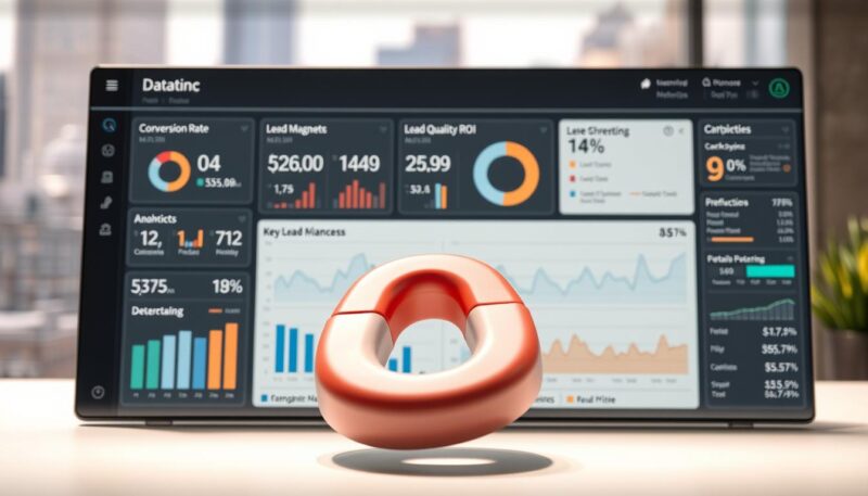 A well-lit, detailed data visualization dashboard displaying real-time lead magnet performance metrics. In the foreground, a clean, intuitive UI with charts, graphs, and analytics data tracking key performance indicators like conversion rates, lead quality, and campaign ROI. The middle ground features a 3D model of a lead magnet, rotating subtly to showcase its features. The background has a soft, blurred cityscape, conveying a sense of the broader business landscape. The overall mood is professional, analytical, and geared toward empowering data-driven decision making for lead generation. A well-lit, detailed data visualization dashboard displaying real-time lead magnet performance metrics. In the foreground, a clean, intuitive UI with charts, graphs, and analytics data tracking key performance indicators like conversion rates, lead quality, and campaign ROI. The middle ground features a 3D model of a lead magnet, rotating subtly to showcase its features. The background has a soft, blurred cityscape, conveying a sense of the broader business landscape. The overall mood is professional, analytical, and geared toward empowering data-driven decision making for lead generation.