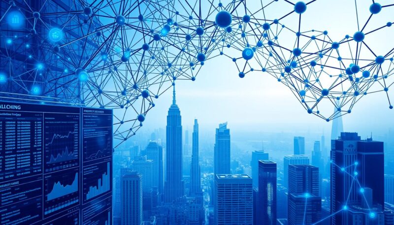 A complex digital landscape of interlocking blockchain nodes, each pulsing with encrypted transaction data. In the foreground, a sleek user interface displays real-time analytics, charts, and transaction logs, bathed in cool blue tones. Subtle holographic overlays depict the flow of digital assets, while the middle ground reveals a cityscape of towering skyscrapers, their facades adorned with blockchain-inspired geometric patterns. The background fades into a hazy, futuristic skyline, hinting at the transformative potential of this decentralized technology. Crisp, cinematic lighting and a cinematic camera angle convey a sense of technological sophistication and the power of blockchain to streamline and digitize transaction management. A complex digital landscape of interlocking blockchain nodes, each pulsing with encrypted transaction data. In the foreground, a sleek user interface displays real-time analytics, charts, and transaction logs, bathed in cool blue tones. Subtle holographic overlays depict the flow of digital assets, while the middle ground reveals a cityscape of towering skyscrapers, their facades adorned with blockchain-inspired geometric patterns. The background fades into a hazy, futuristic skyline, hinting at the transformative potential of this decentralized technology. Crisp, cinematic lighting and a cinematic camera angle convey a sense of technological sophistication and the power of blockchain to streamline and digitize transaction management.