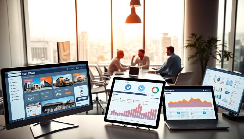 A modern, minimalist office setting with an array of digital marketing tools displayed on desktops, laptops, and tablets. In the foreground, a sleek desktop computer showcases a real estate CRM dashboard with automated campaign management features. Nearby, a tablet displays a real-time analytics dashboard tracking lead generation, email open rates, and social media engagement. In the middle ground, a team of agents collaborates around a large conference table, discussing marketing strategies facilitated by automated workflow software. The background features floor-to-ceiling windows overlooking a vibrant cityscape, bathing the scene in warm, natural lighting. The overall atmosphere conveys efficiency, productivity, and a tech-savvy approach to scaling a real estate business. A modern, minimalist office setting with an array of digital marketing tools displayed on desktops, laptops, and tablets. In the foreground, a sleek desktop computer showcases a real estate CRM dashboard with automated campaign management features. Nearby, a tablet displays a real-time analytics dashboard tracking lead generation, email open rates, and social media engagement. In the middle ground, a team of agents collaborates around a large conference table, discussing marketing strategies facilitated by automated workflow software. The background features floor-to-ceiling windows overlooking a vibrant cityscape, bathing the scene in warm, natural lighting. The overall atmosphere conveys efficiency, productivity, and a tech-savvy approach to scaling a real estate business.